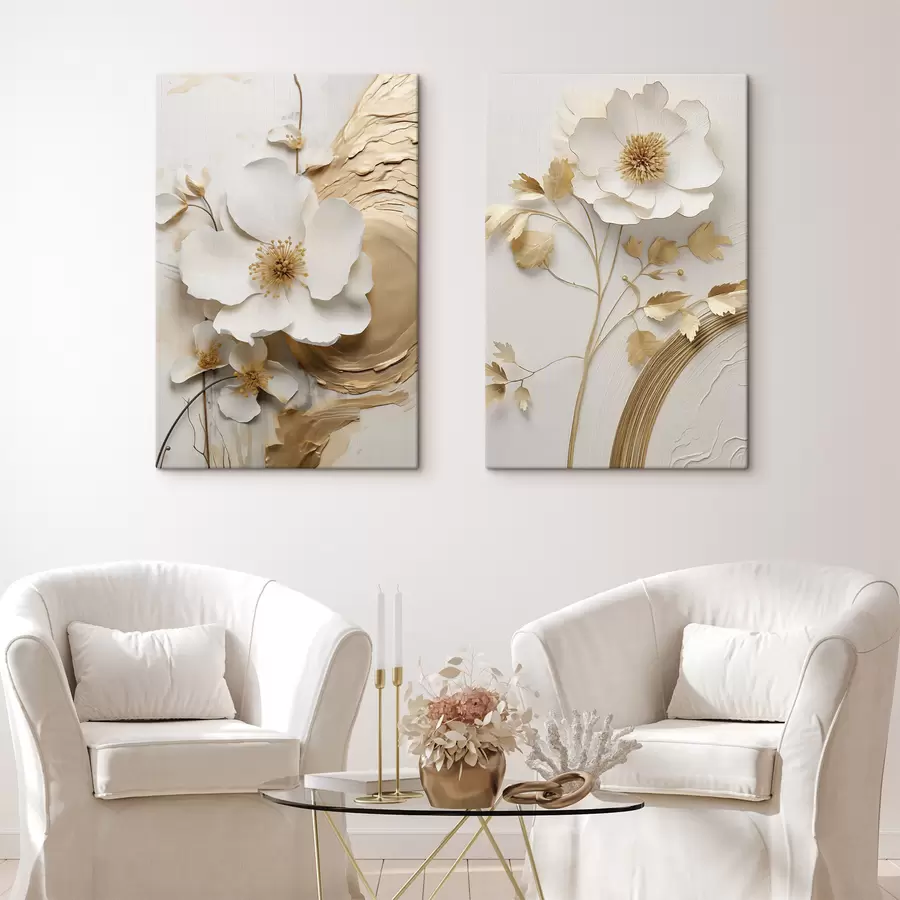  Schilderijen Abstracte witte bloem, imitatie van verfstreken op een structuurachtergrond m30473