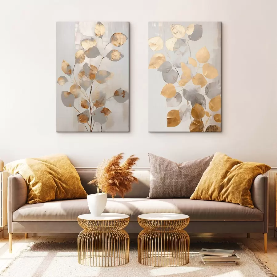  Schilderijen Abstracte tak met ovale bladeren in grijstinten en geel, kunstwerk met textuur m30474
