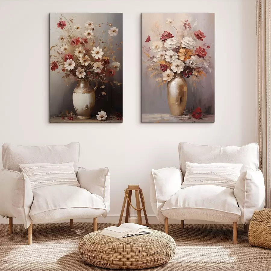  Schilderijen Een boeket van witte en rode bloemen met bruine accenten in een vaas, in schilderachtige stijl m30477