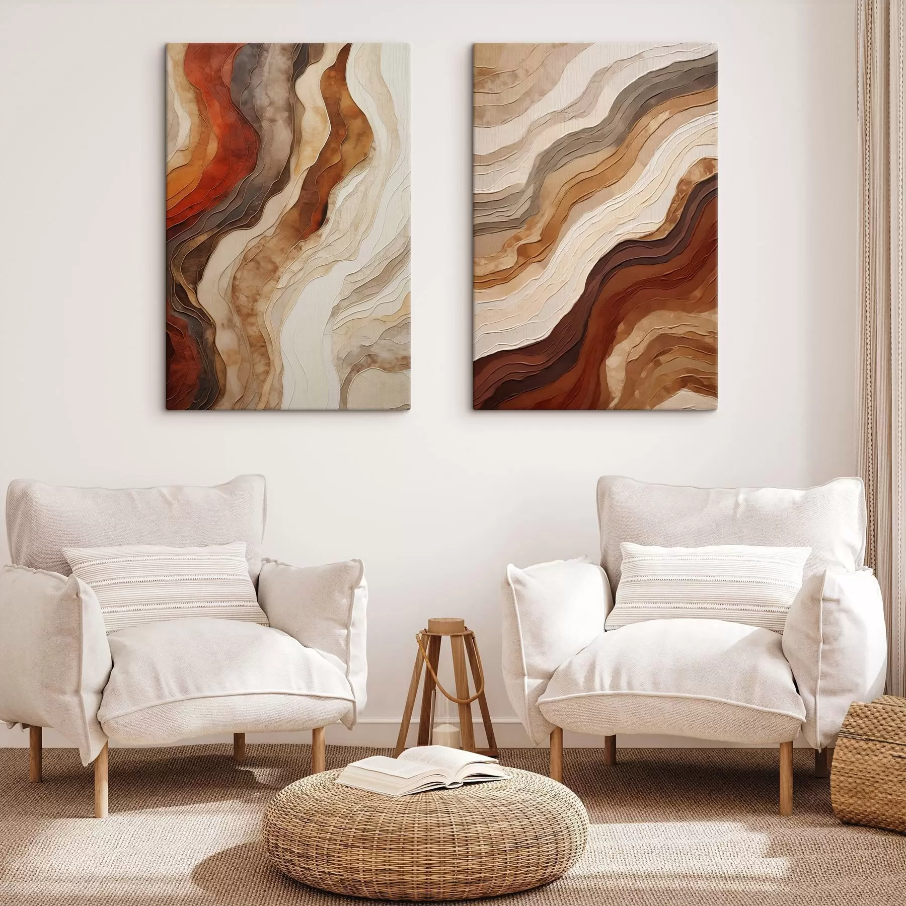  Schilderijen Abstracte golvende texturen in aardetinten, waaronder terracotta, beige en bruin m30479
