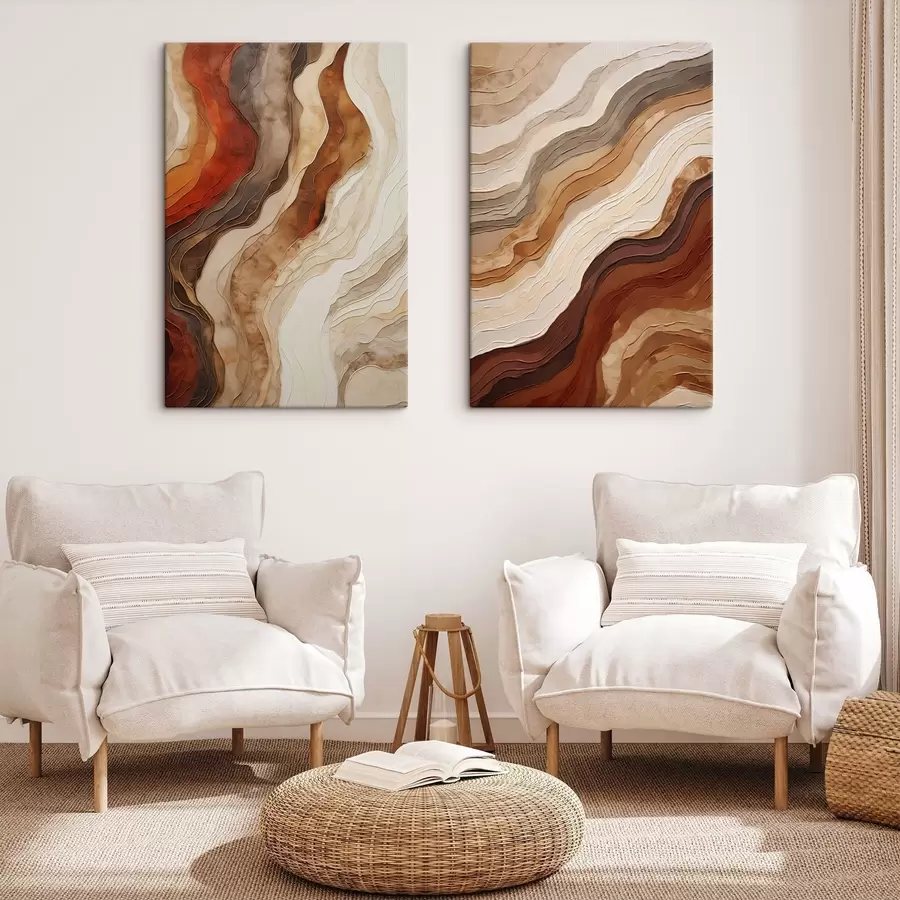  Schilderijen Abstracte golvende texturen in aardetinten, waaronder terracotta, beige en bruin m30479