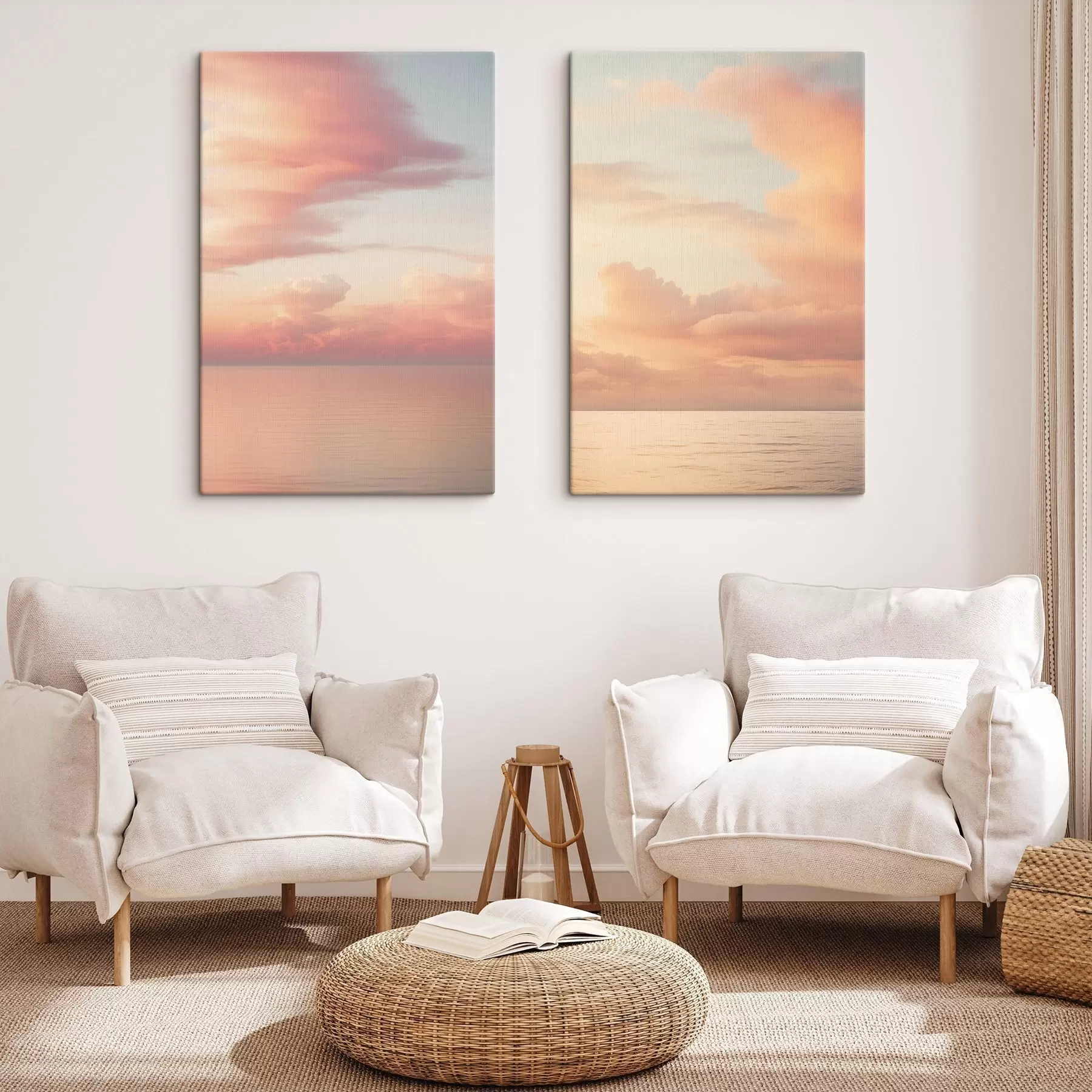  Schilderijen Een pastelkleurige lucht vol zachte wolken boven een kalme, spiegelgladde oceaan bij zonsondergang m30485
