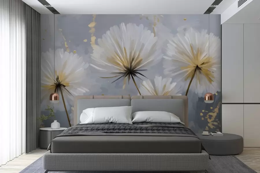 Fotobehang weelderige paardenbloemen in een schilderachtige stijl w05570