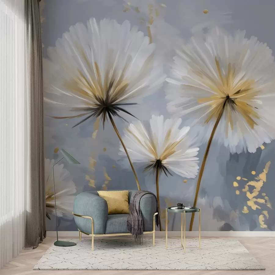 Fotobehang weelderige paardenbloemen in een schilderachtige stijl w05570