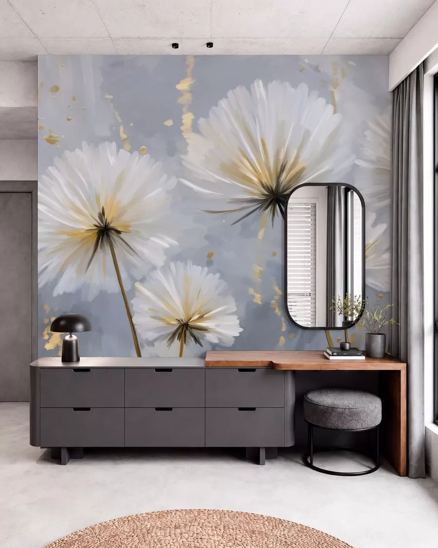 Fotobehang weelderige paardenbloemen in een schilderachtige stijl w05570