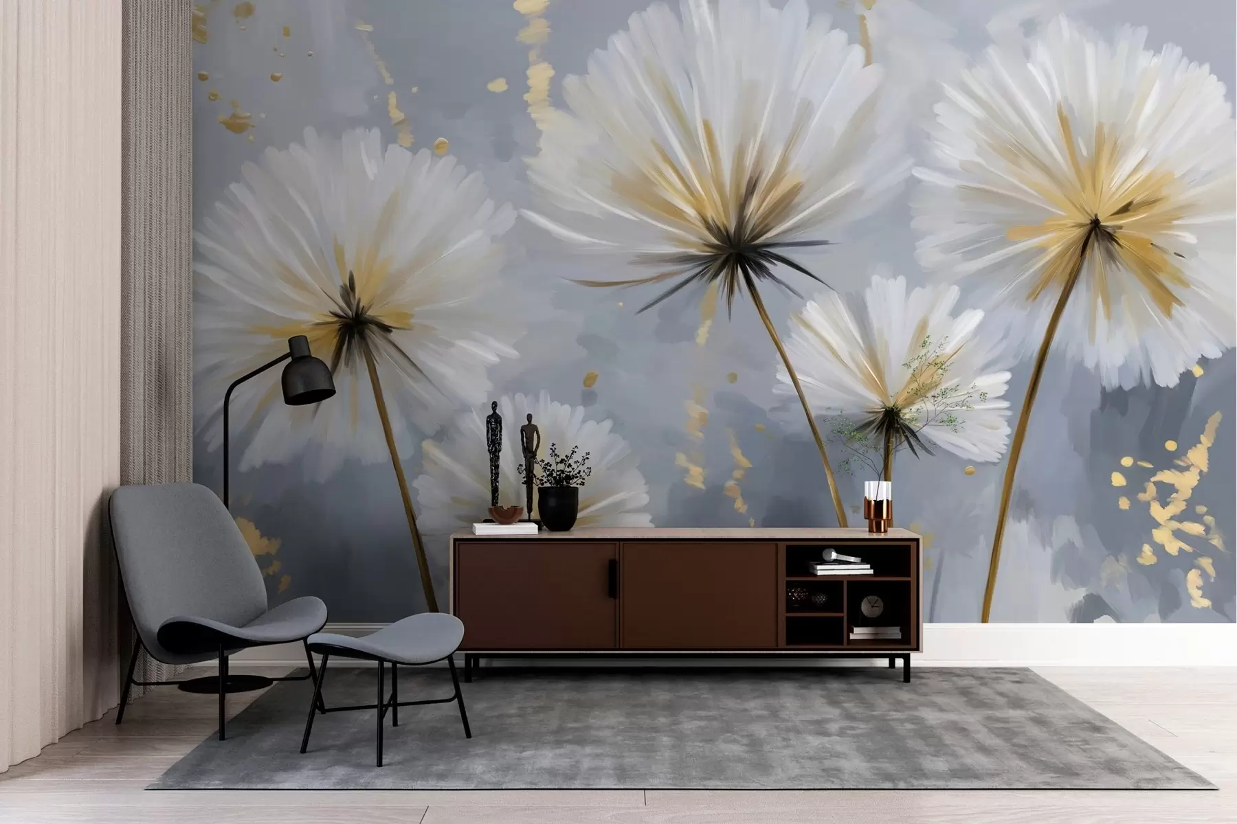 Fotobehang weelderige paardenbloemen in een schilderachtige stijl w05570