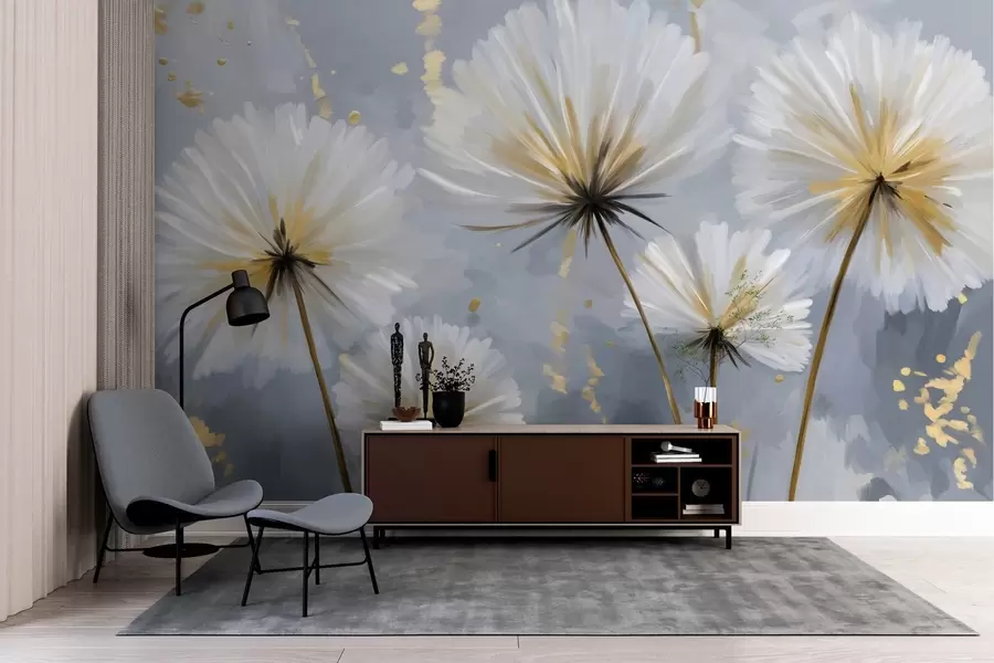 Fotobehang weelderige paardenbloemen in een schilderachtige stijl w05570
