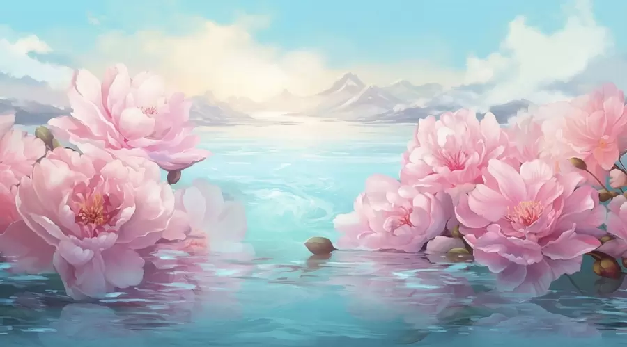 Fotobehang Een meer met bloemen w05621
