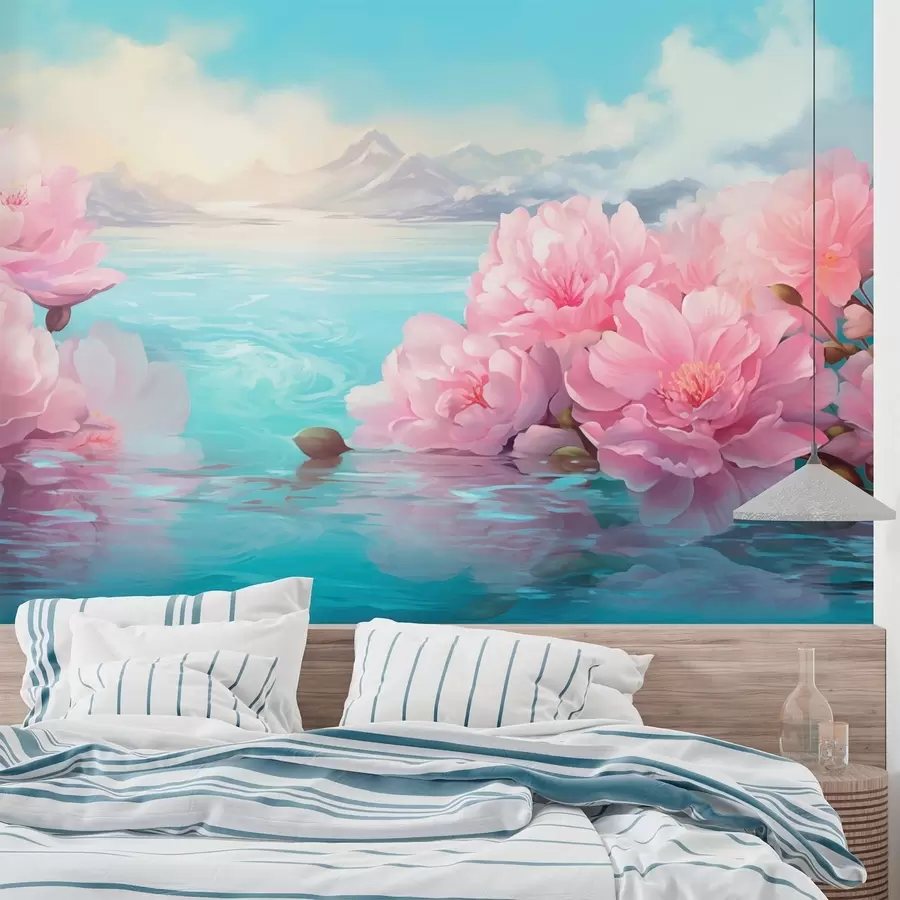 Fotobehang Een meer met bloemen w05621