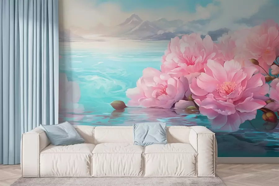 Fotobehang Een meer met bloemen w05621