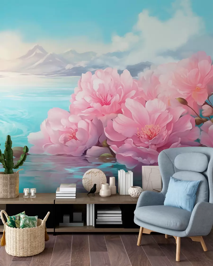 Fotobehang Een meer met bloemen w05621
