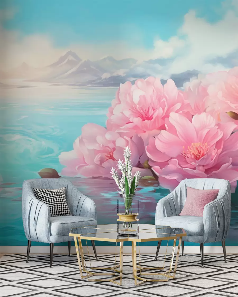Fotobehang Een meer met bloemen w05621