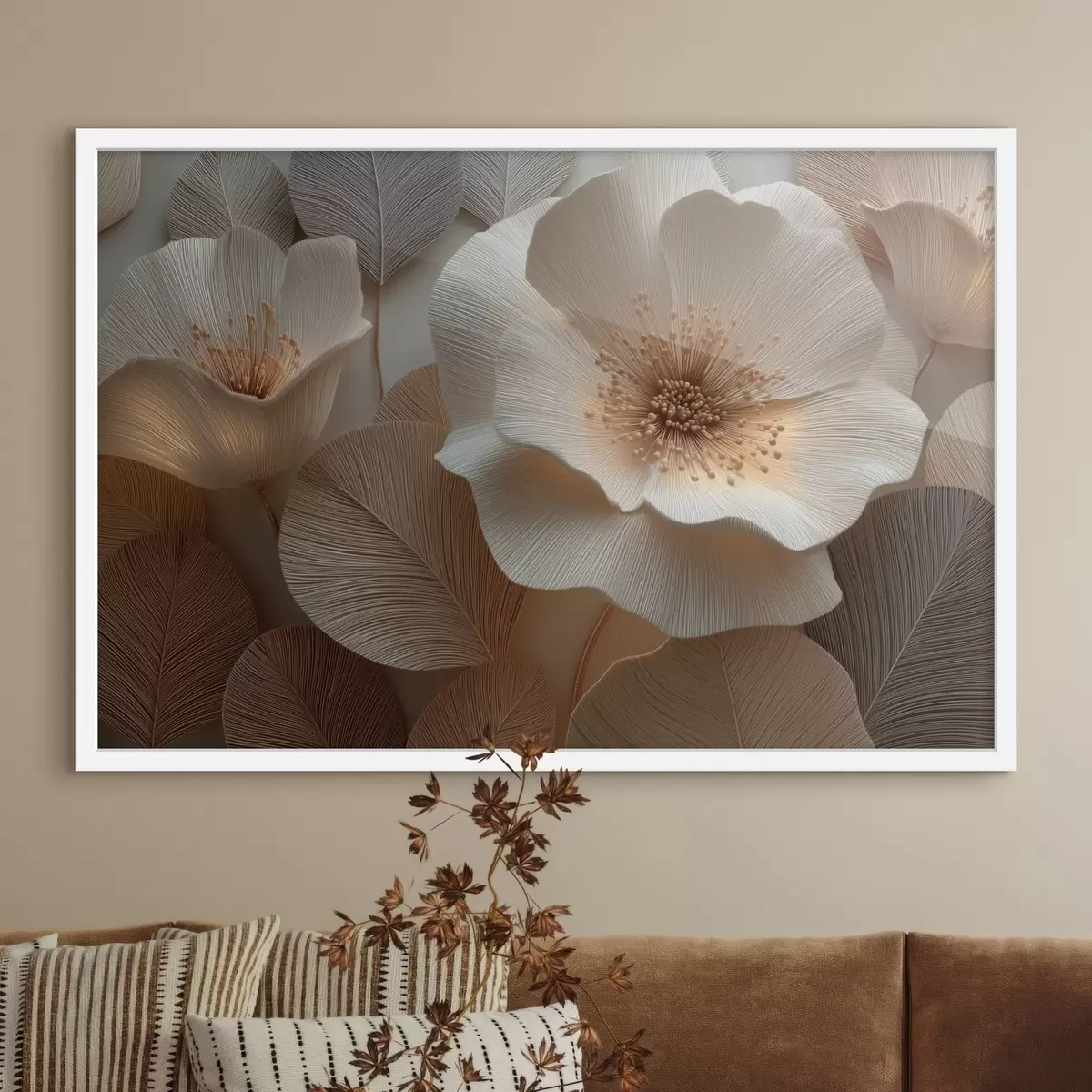 Poster Gelaagde bloemen en bladeren in warme tinten f49218