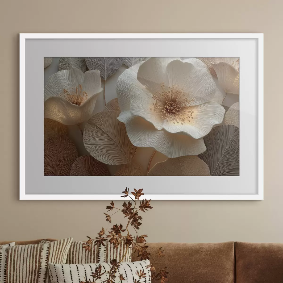 Poster Gelaagde bloemen en bladeren in warme tinten f49218