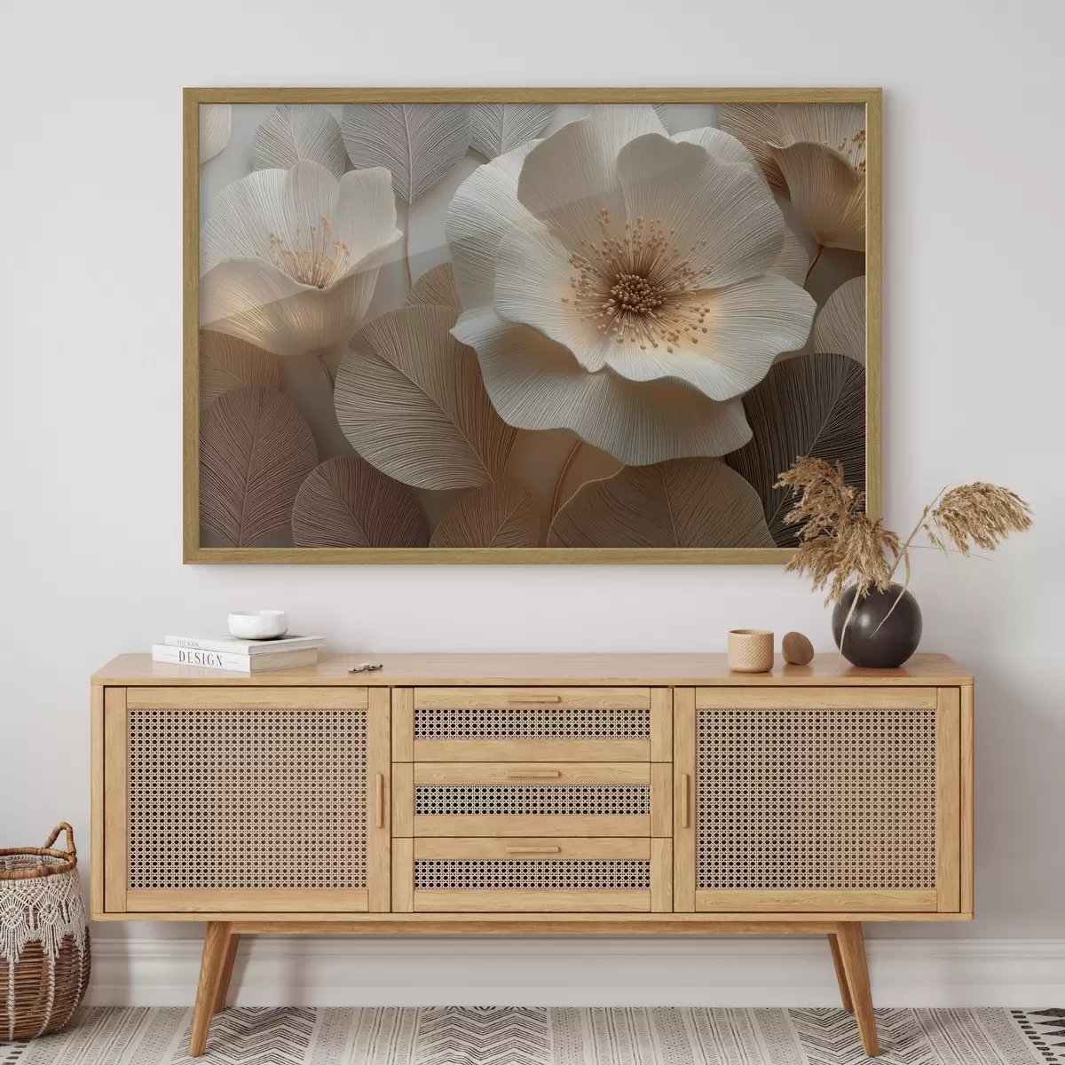 Poster Gelaagde bloemen en bladeren in warme tinten f49218