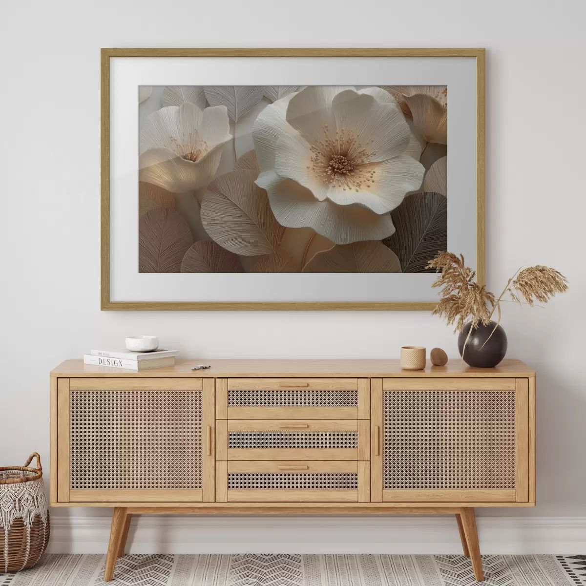 Poster Gelaagde bloemen en bladeren in warme tinten f49218