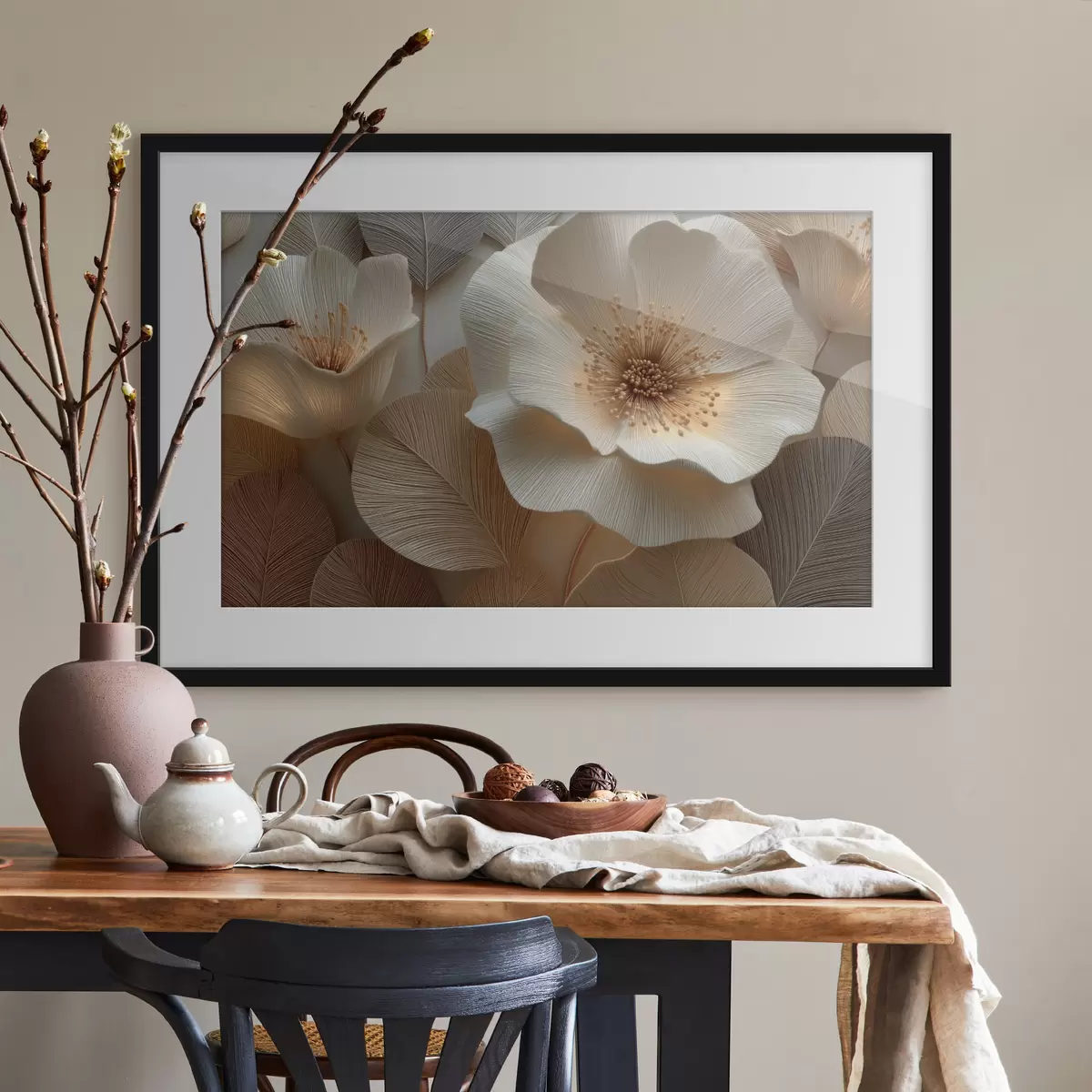 Poster Gelaagde bloemen en bladeren in warme tinten f49218