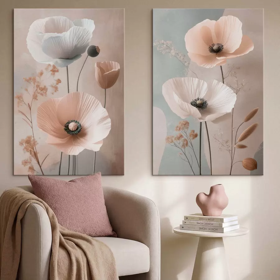  Schilderijen Tweeluik met delicate bloemen in pasteltinten m30486