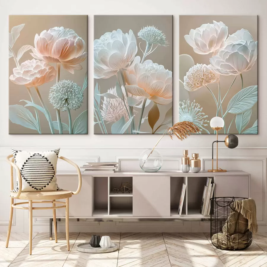  Schilderijen Drieluik met zachte, bleke bloemen m30489