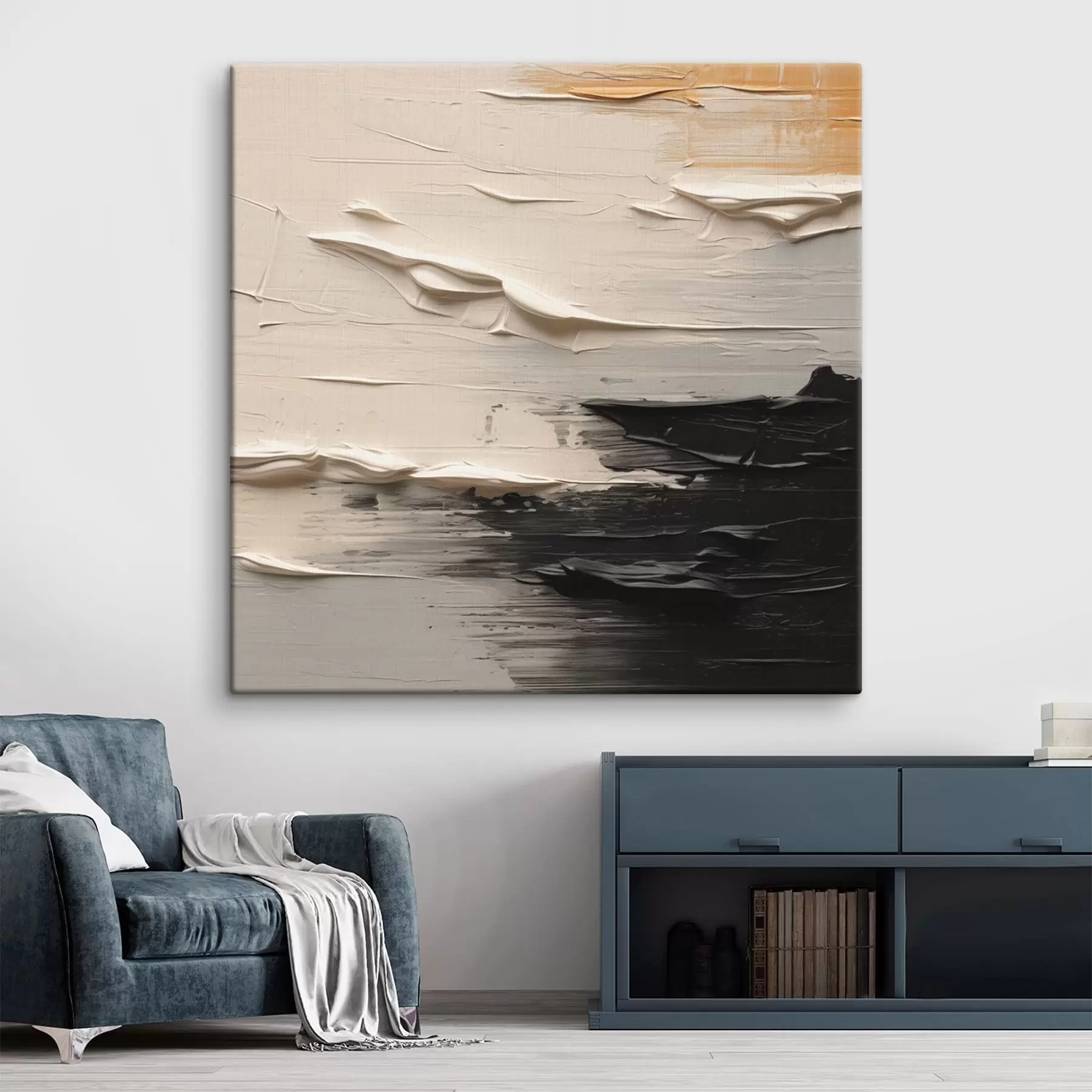  Schilderijen Getextureerde abstractie met crèmekleurige en zwarte penseelstreken s49184