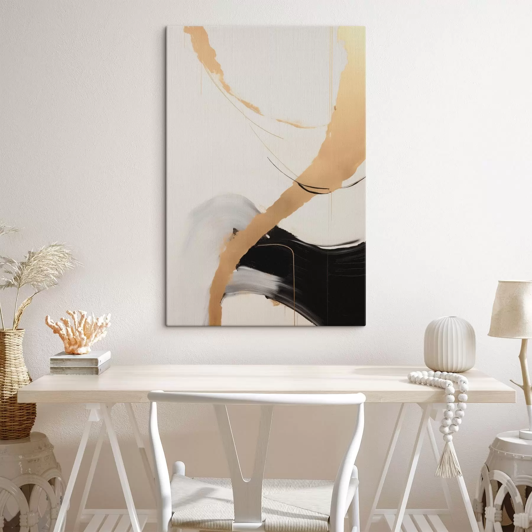  Schilderijen Abstracte penseelstreken in beige en zwarte tinten s49189