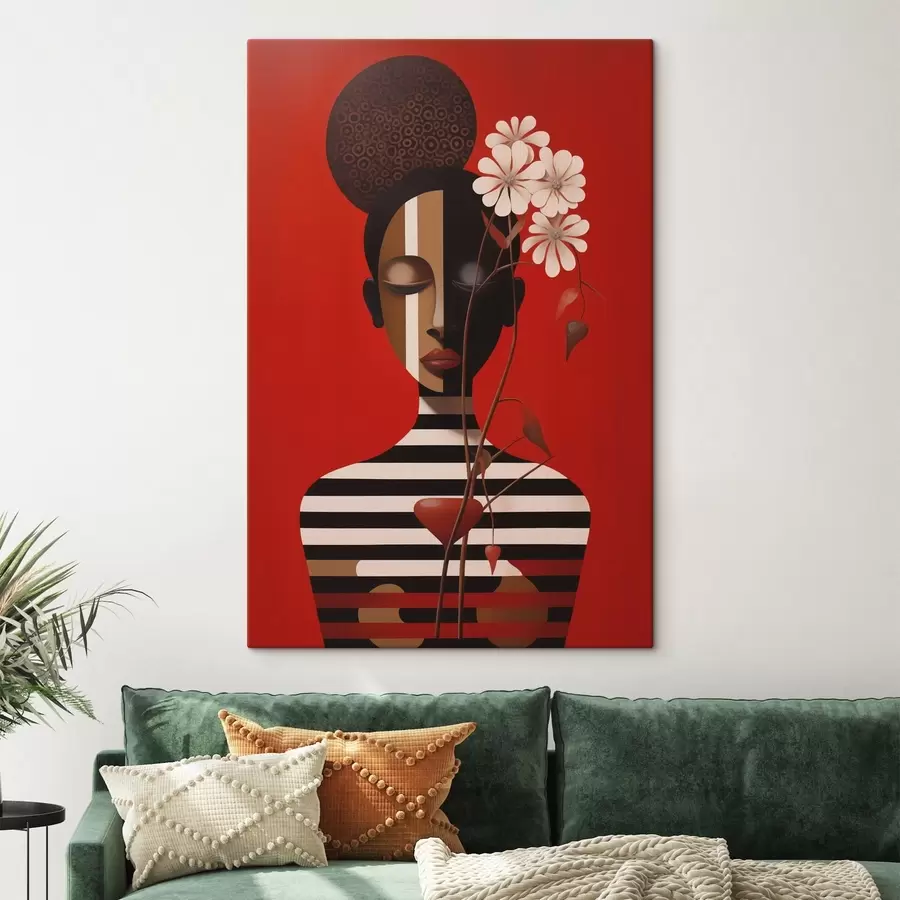  Schilderijen Geometrisch portret met bloemen op een rode achtergrond s49191