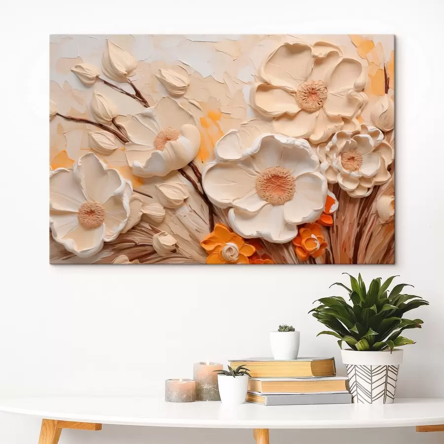  Schilderijen Bloemen met een structuur en in lichte tinten, geschilderd met gelaagde penseelstreken s49193