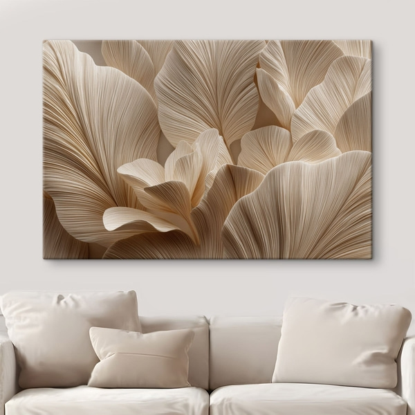 Schilderijen Bladeren in reliëf in warme beige tinten, Schilderijen Bloemen en planten, s49198 : Uwalls.nl