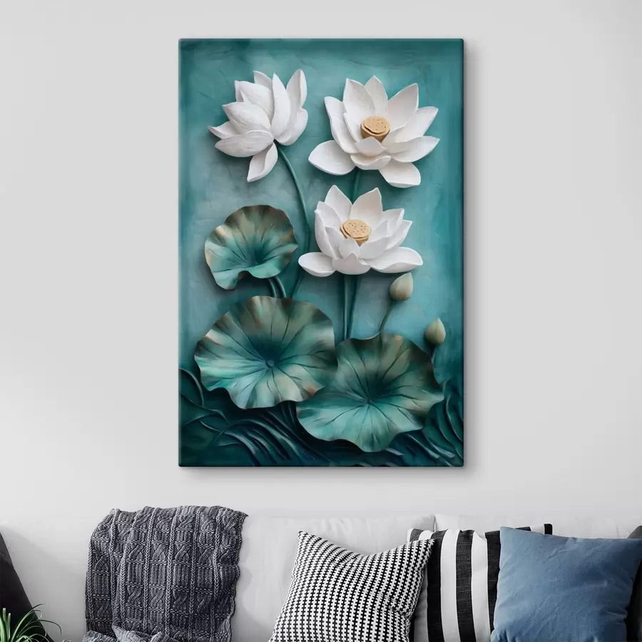  Schilderijen Witte lotusbloemen en bladeren op een turquoise achtergrond s49204