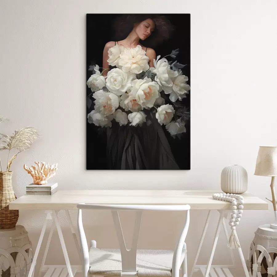  Schilderijen Vrouw met een groot boeket bleke bloemen s49220