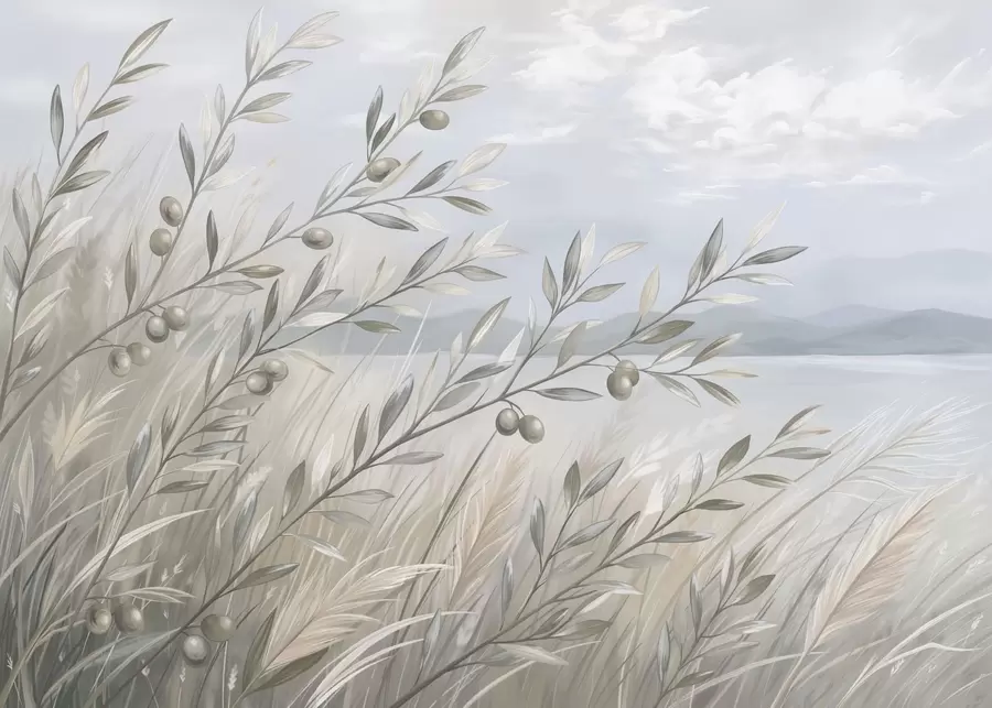 Fotobehang Olijftakken tussen het gras aan het meer w05536