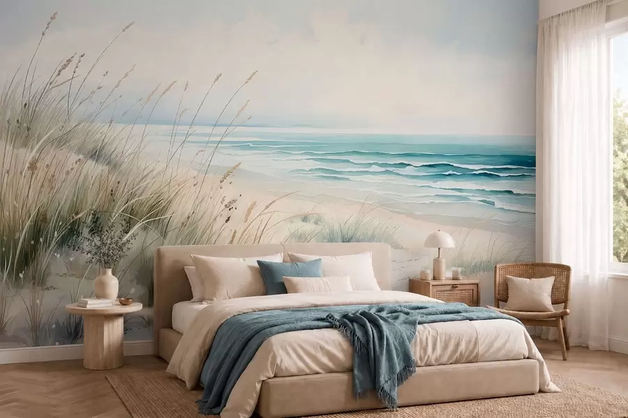 Fotobehang Zandstrand met golven en duinen w05537