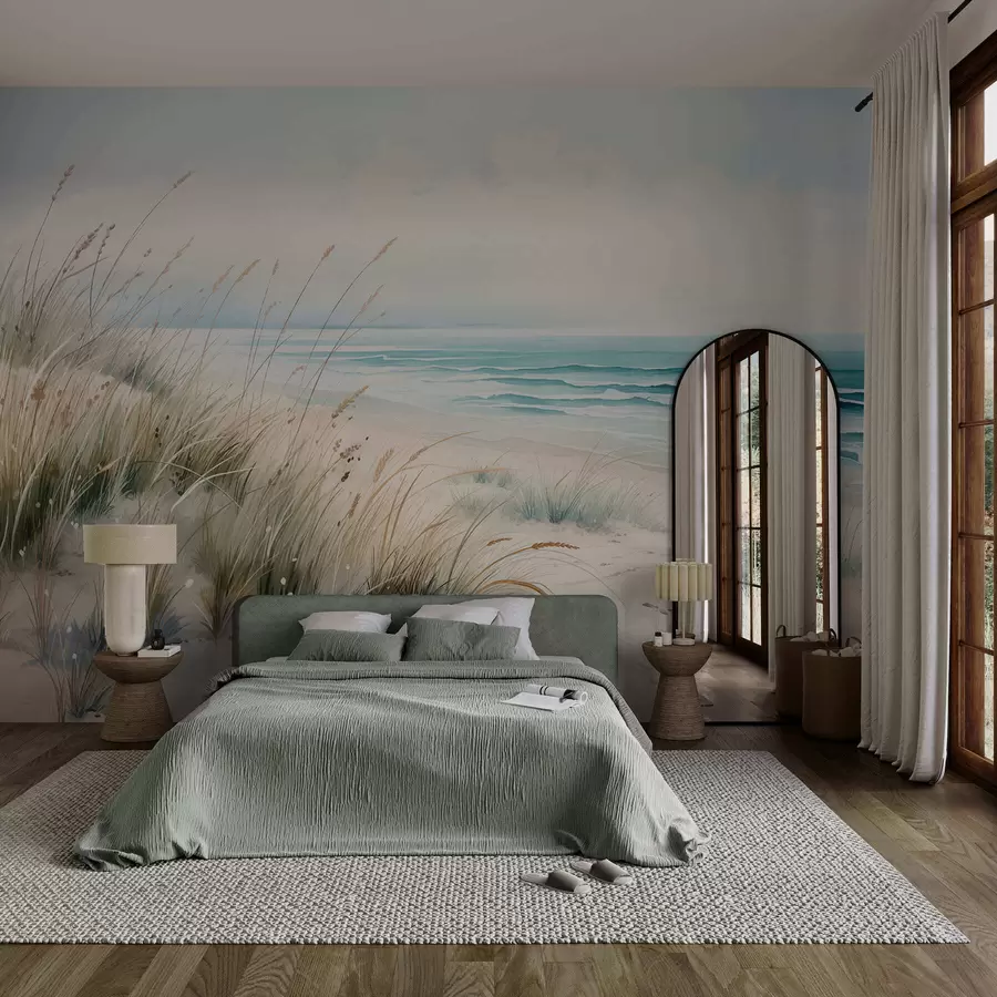 Fotobehang Zandstrand met golven en duinen w05537
