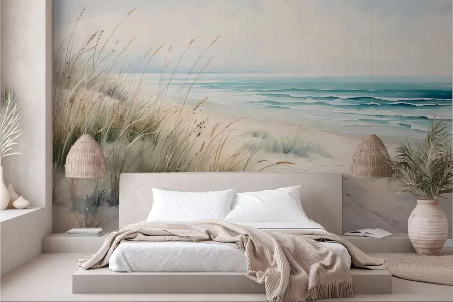 Fotobehang Zandstrand met golven en duinen w05537