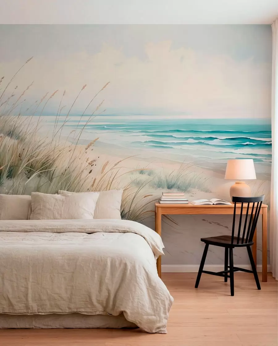 Fotobehang Zandstrand met golven en duinen w05537