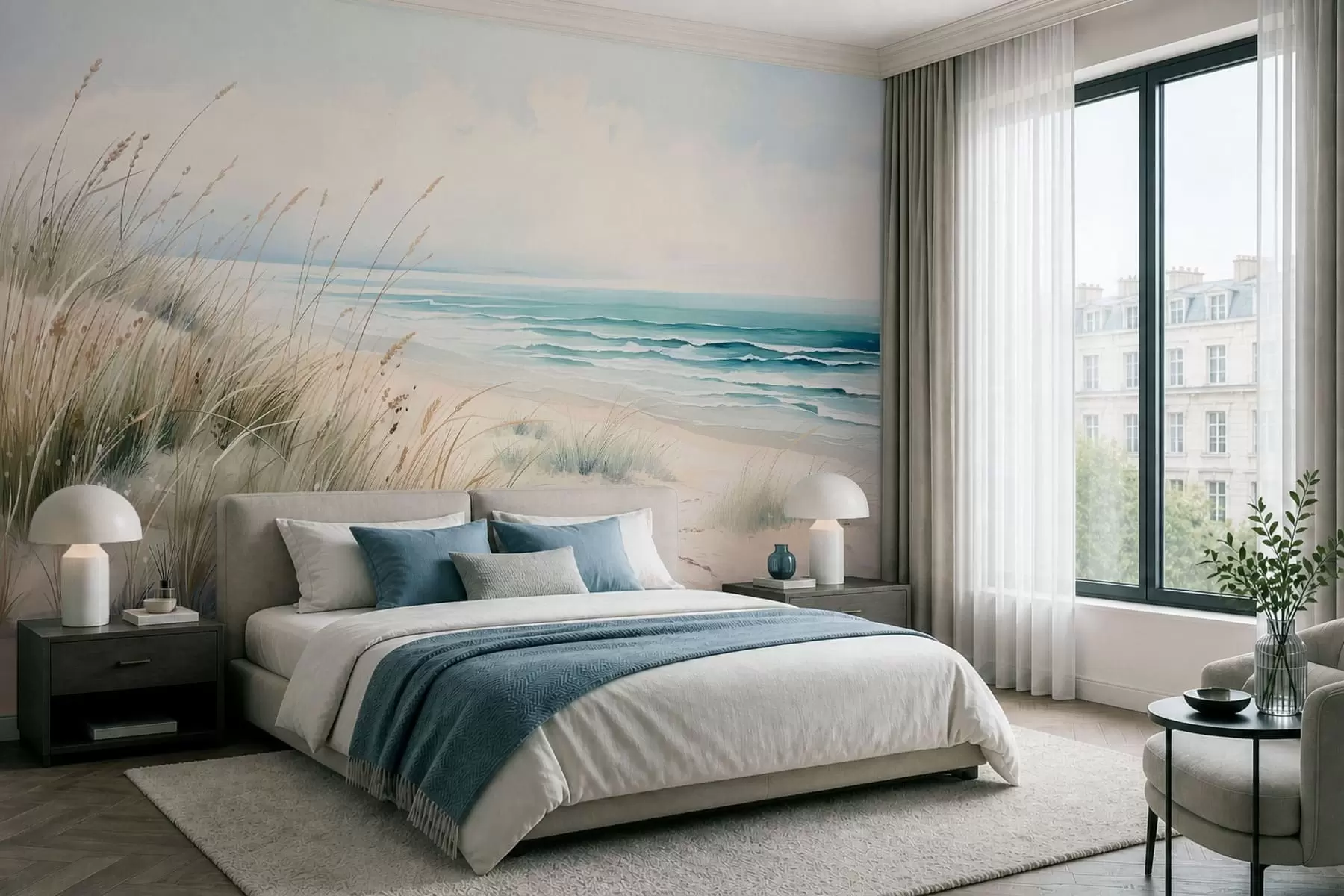Fotobehang Zandstrand met golven en duinen w05537
