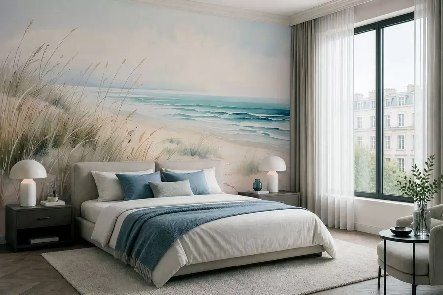 Fotobehang Zandstrand met golven en duinen w05537