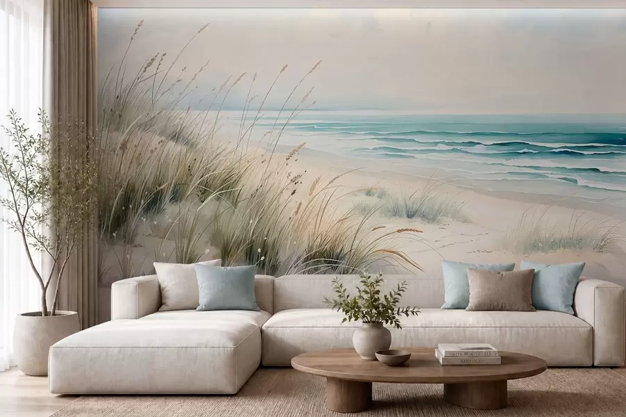 Fotobehang Zandstrand met golven en duinen w05537