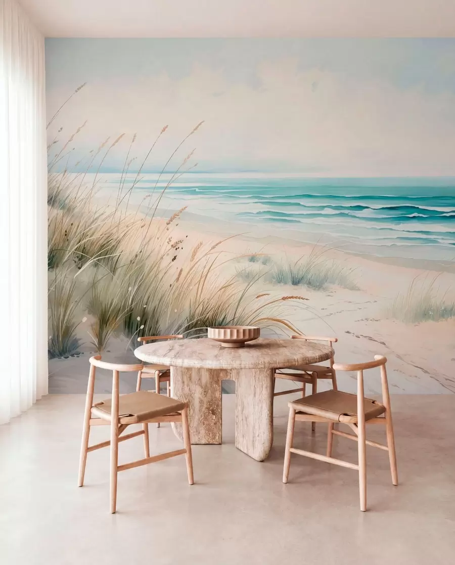 Fotobehang Zandstrand met golven en duinen w05537