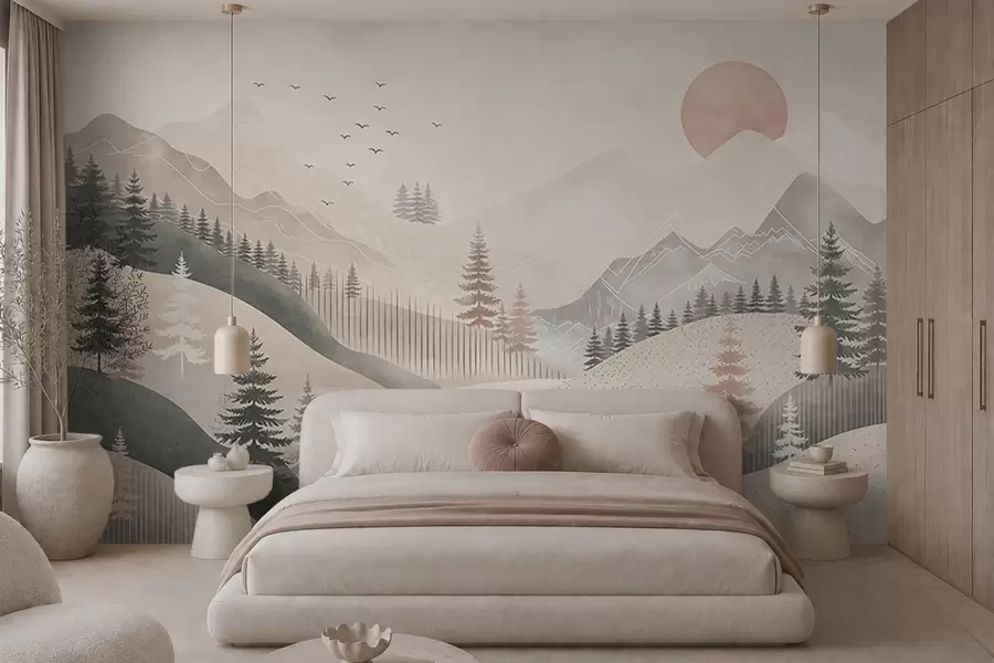 Fotobehang Een minimalistisch berglandschap met dennenbomen w05626