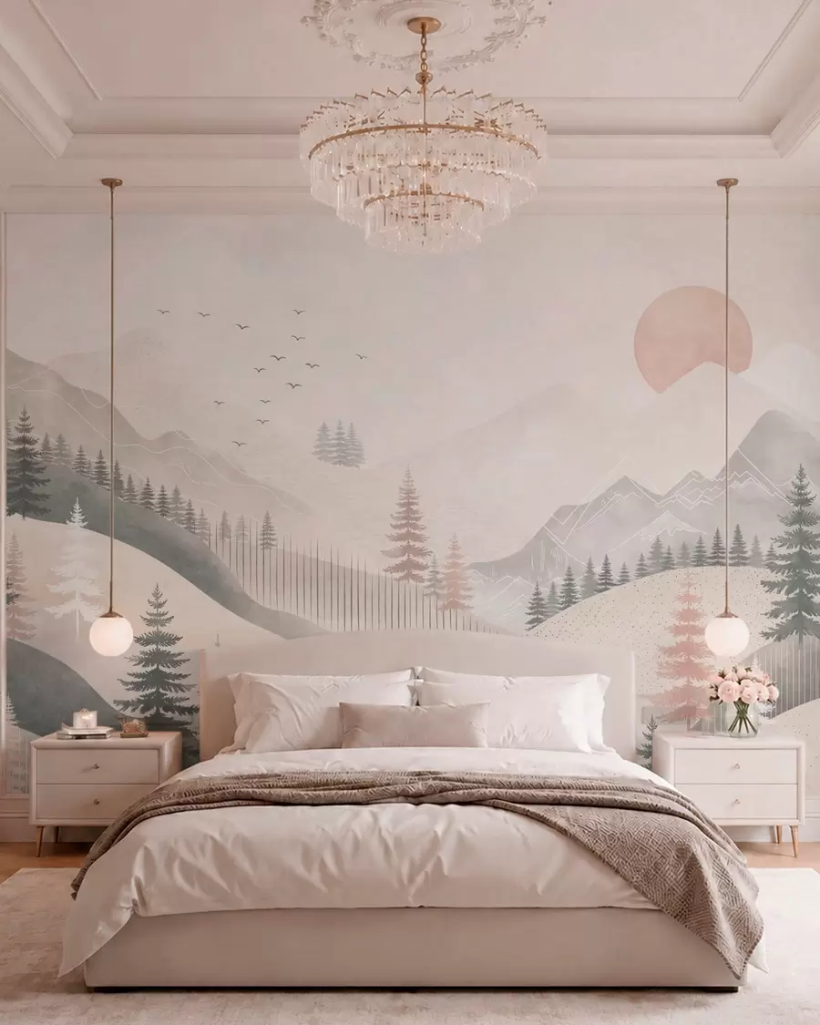 Fotobehang Een minimalistisch berglandschap met dennenbomen w05626