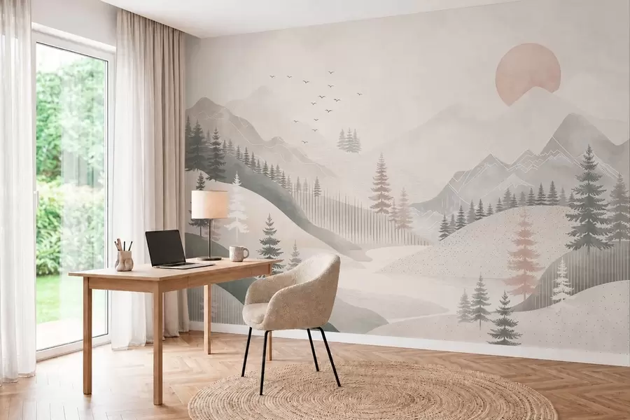 Fotobehang Een minimalistisch berglandschap met dennenbomen w05626