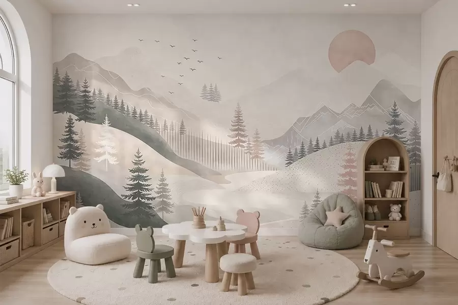 Fotobehang Een minimalistisch berglandschap met dennenbomen w05626