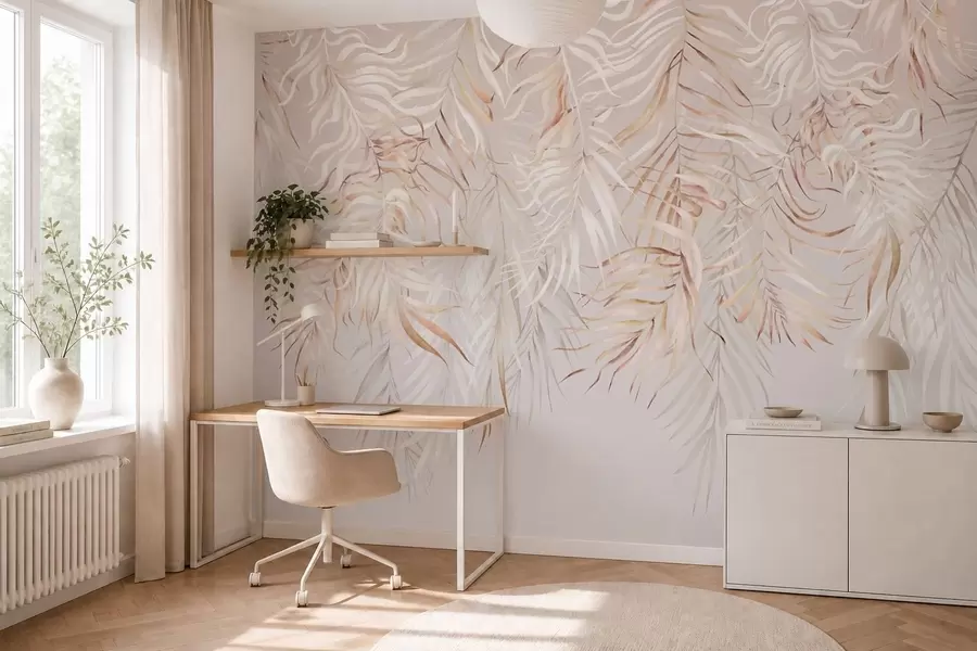 Fotobehang Lichte tropische bladeren op een beige achtergrond w05627v2