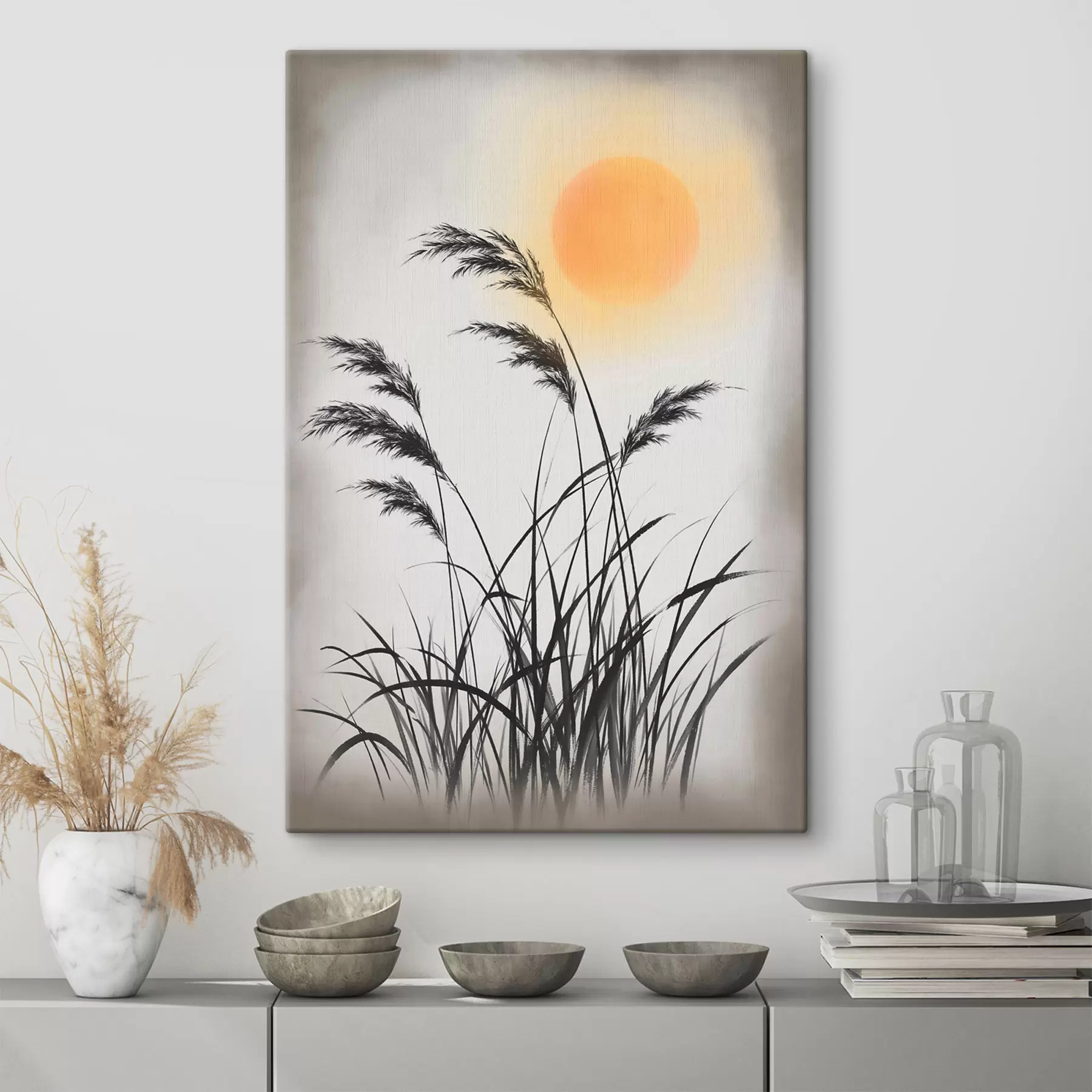  Schilderijen Abstracte rietstengels tegen de achtergrond van de zon s49130