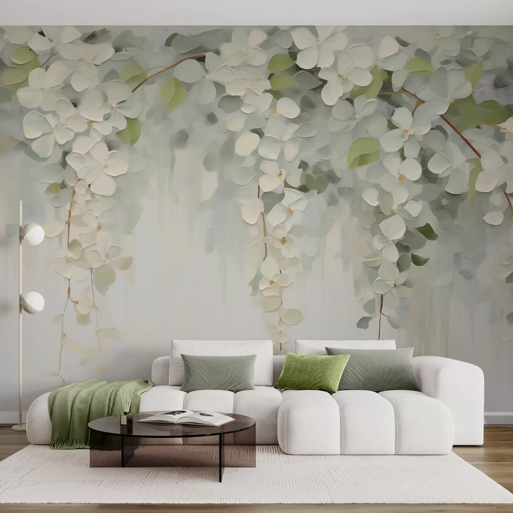 Fotobehang Abstracte schilderij met hangende bloemen (imitatie) w05641