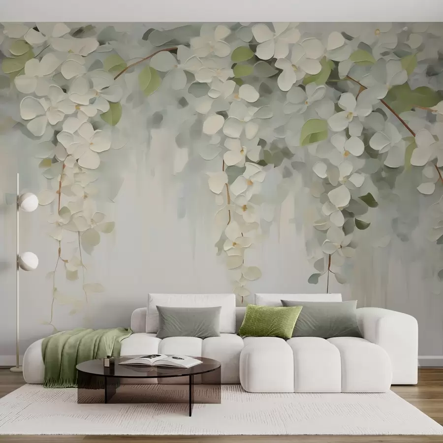 Fotobehang Abstracte schilderij met hangende bloemen (imitatie) w05641