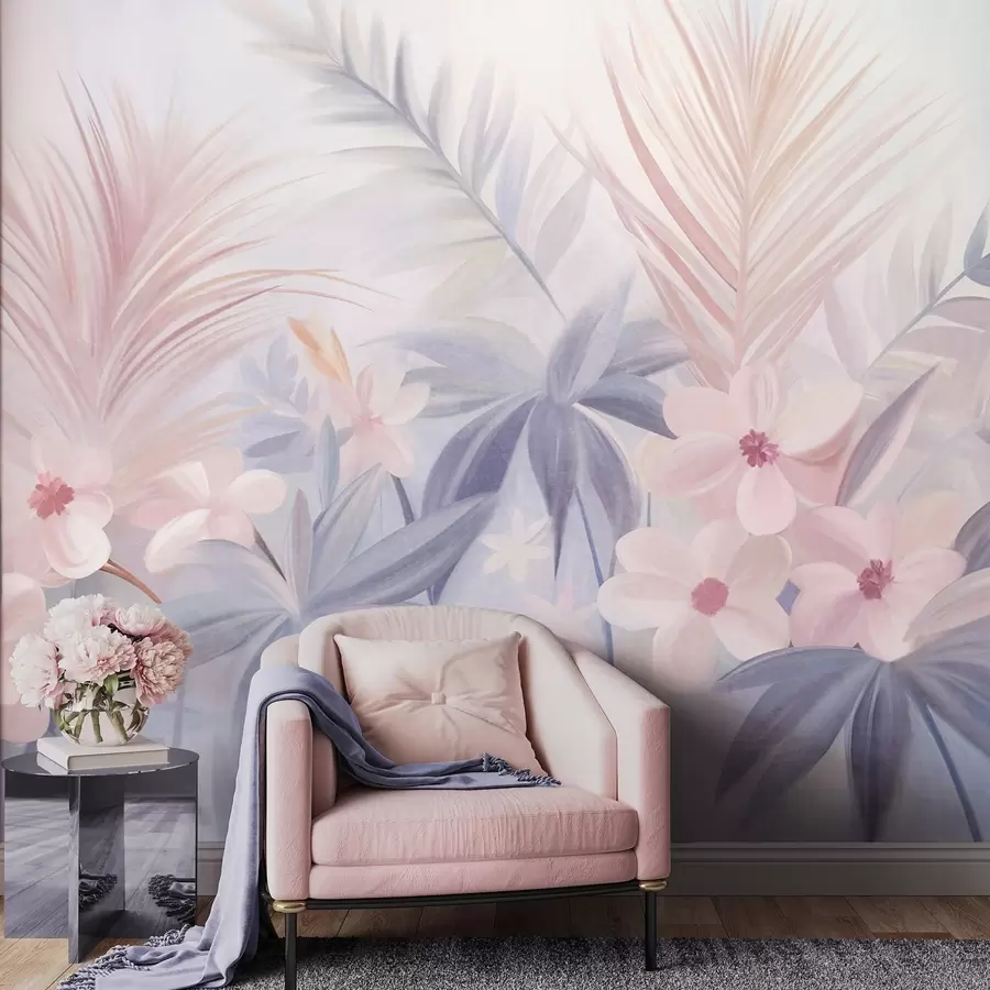 Fotobehang Tropische bloemen en palmbladeren in zachte blauw- en roze tinten, in schilderachtige stijl w09832