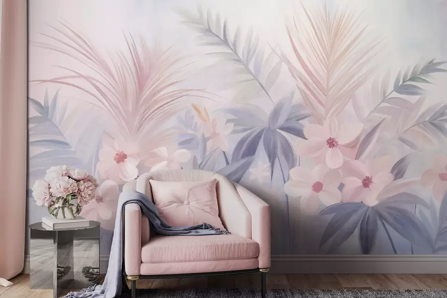Fotobehang Tropische bloemen en palmbladeren in zachte blauw- en roze tinten, in schilderachtige stijl w09832