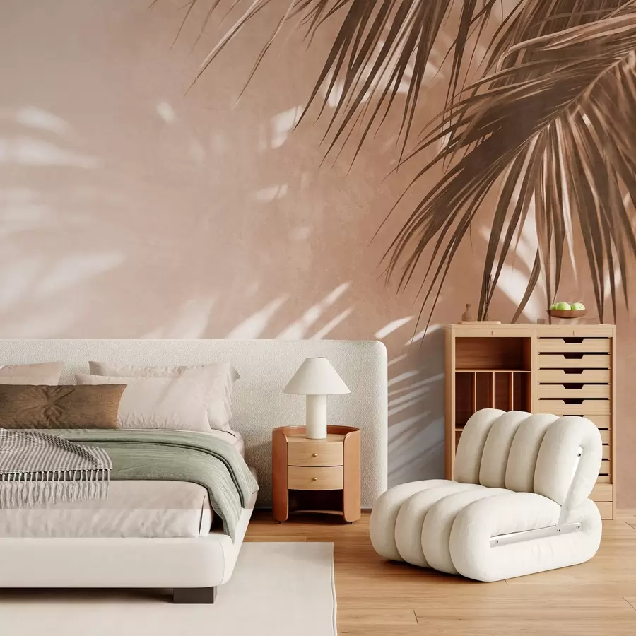 Fotobehang Palmbladeren met reliëf en schaduwen, een tropische sfeer, minimalisme w09890